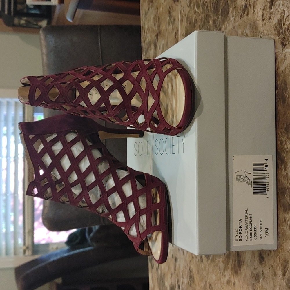 SoleSociety suede size10 dark eggplant caged high heel sandals NEW.